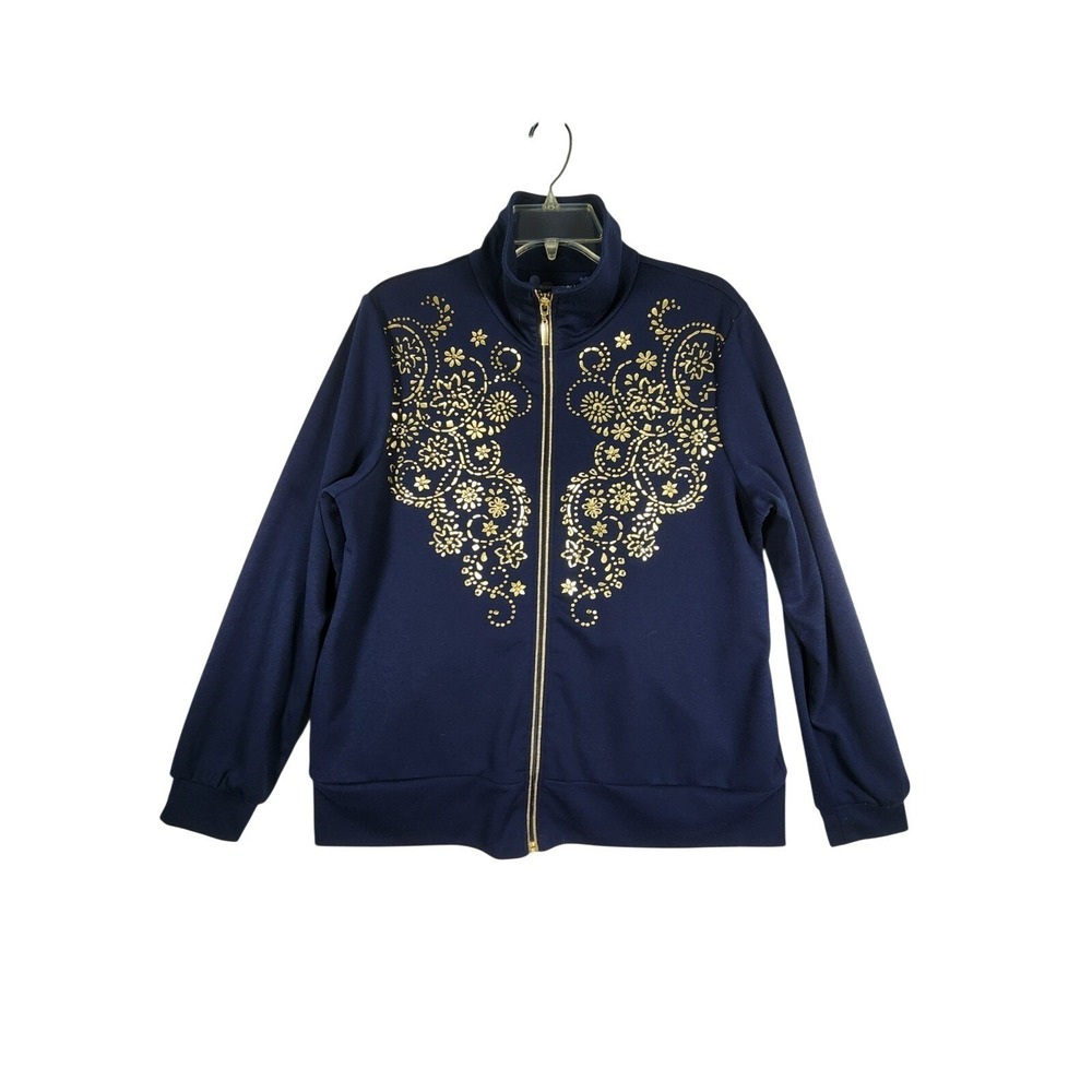 Susan Graver Women M Navy Gold Foil Floral Zip Jacket Resortwear Travel Artistic